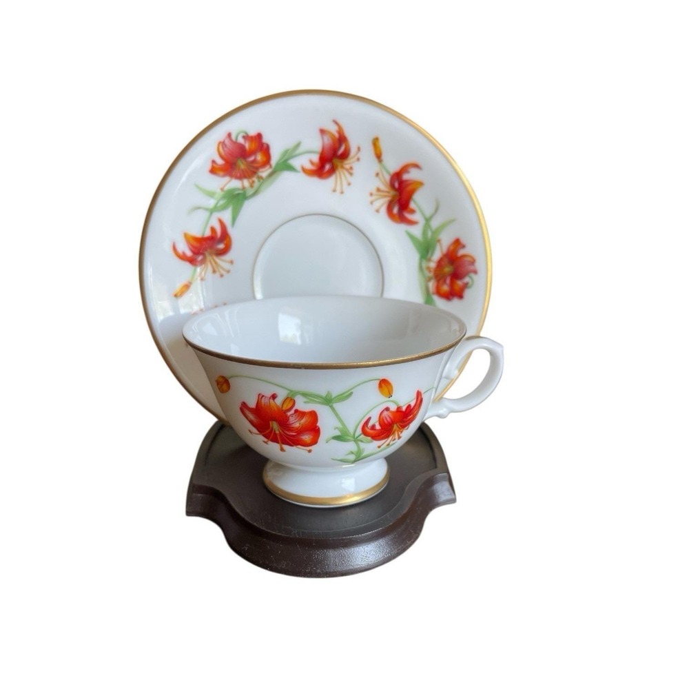 Franklin Porcelain '80 Tiger Lily Teacup Saucer Stand RonaldVan Ruyckevelt Japan